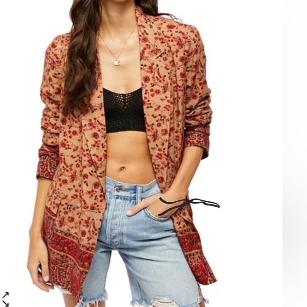 Free People Floral Blazer in Red and Tan